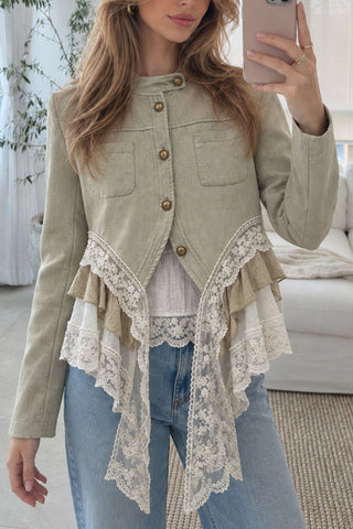 Lace Trim Mock Neck Button Front Jacket