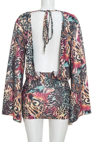 Animal Print Bell Sleeve Mini Casual Dress