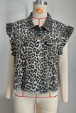 Leopard Print Ruffle Sleeve Denim Vest