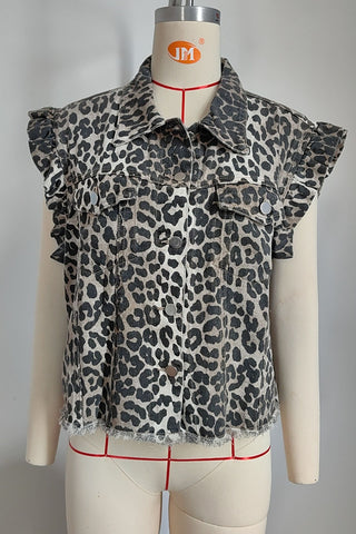 Leopard Print Ruffle Sleeve Denim Vest