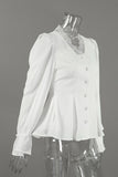 Lace V-Neck Puff Sleeve Button Blouse