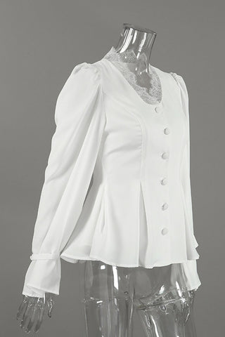 Lace V-Neck Puff Sleeve Button Blouse