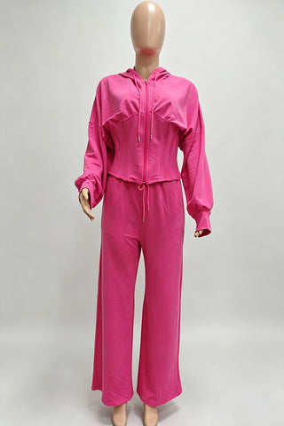 Hooded Lace-Up Back Long Sleeve Pants Set