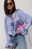 Ruffle V-Neck Tie Sleeve Satin Blouse