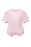 Round Neck Puff Sleeve Lace Trim Drawstring Blouse