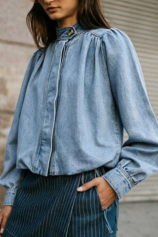 Stand-Collar Button-Front Denim Jacket