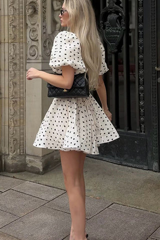 Puff-Sleeve Polka Dot Mini Dress