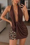 Rope Trim Halter Ruched Sequin Mini Dress