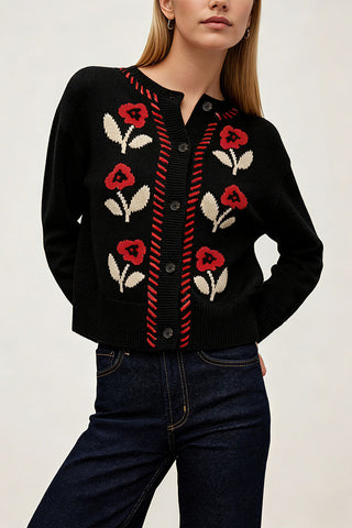 Floral Intarsia Knit Button-Front Cardigan
