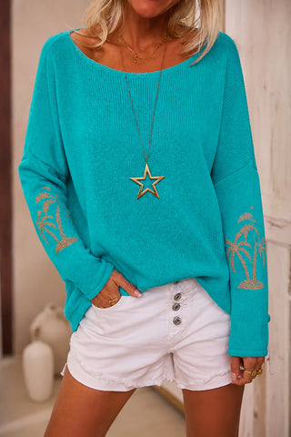 Palm Tree Graphic Boat Neck Sweater