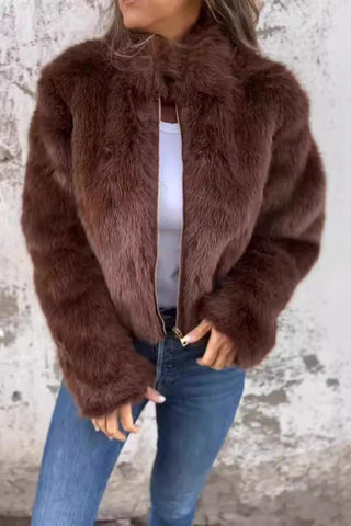 Faux Fur Zip-Front Collared Coat