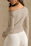 Striped One-Shoulder Ribbed Long Sleeve Top