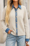 Denim Trim Button-Front Knit Cardigan