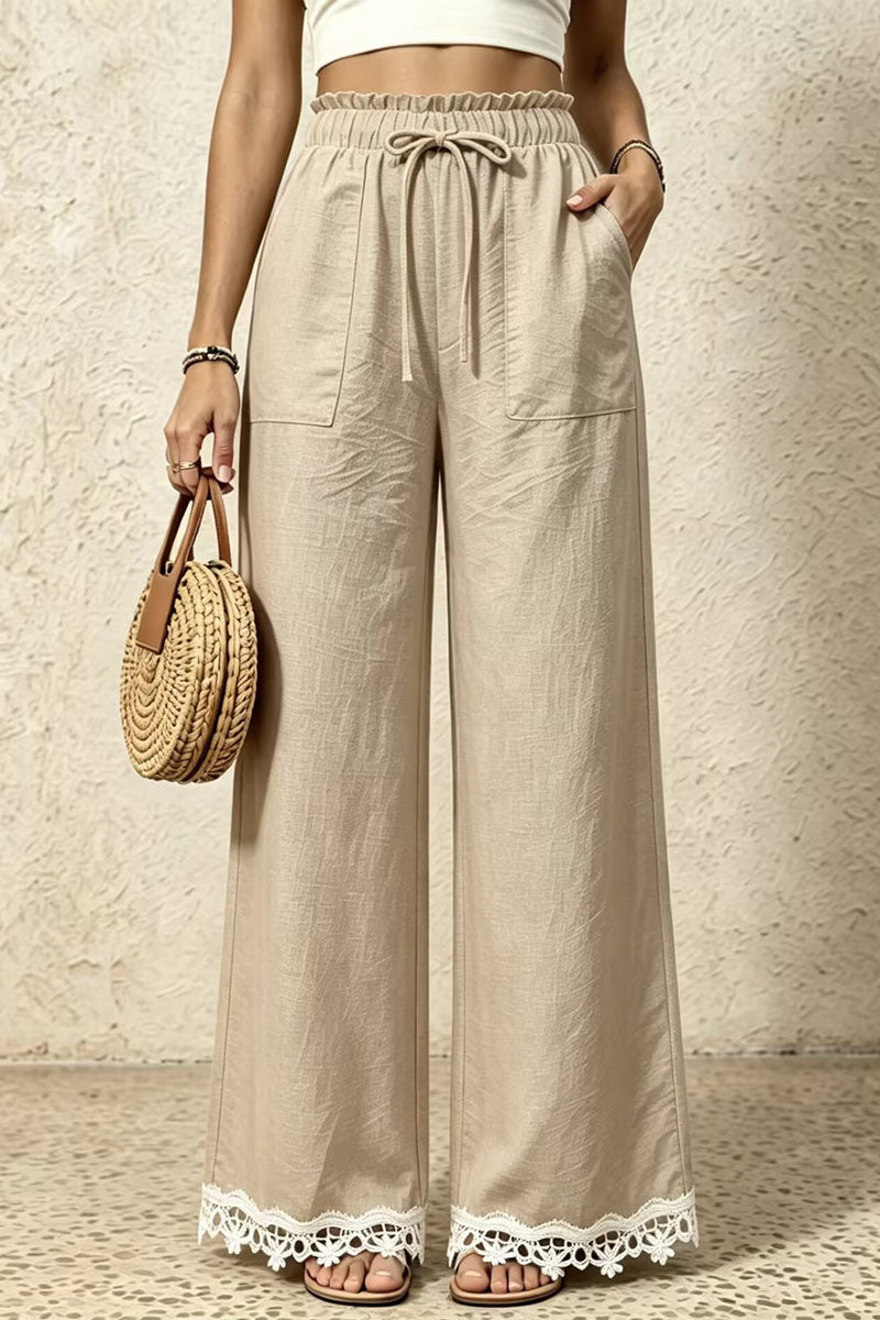 Ruffle Waist Lace-Trim Wide-Leg Pants