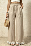 Ruffle Waist Lace-Trim Wide-Leg Pants