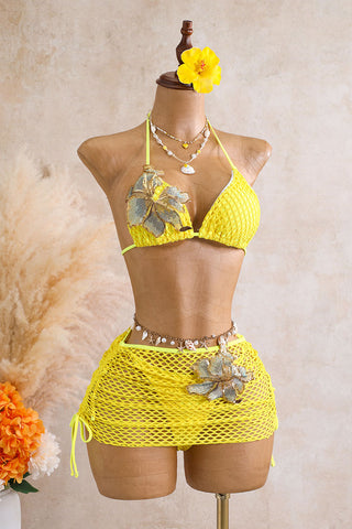 Floral Applique Three-Piece Bikini Set