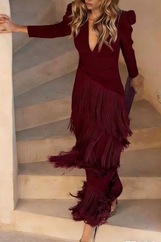 V-Neck Puff Sleeve Tiered Fringe Dress