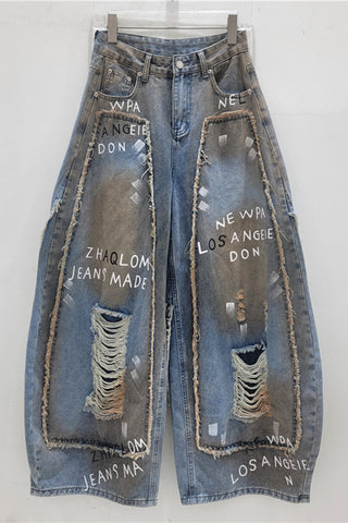 Distressed Wide-Leg Denim Pants