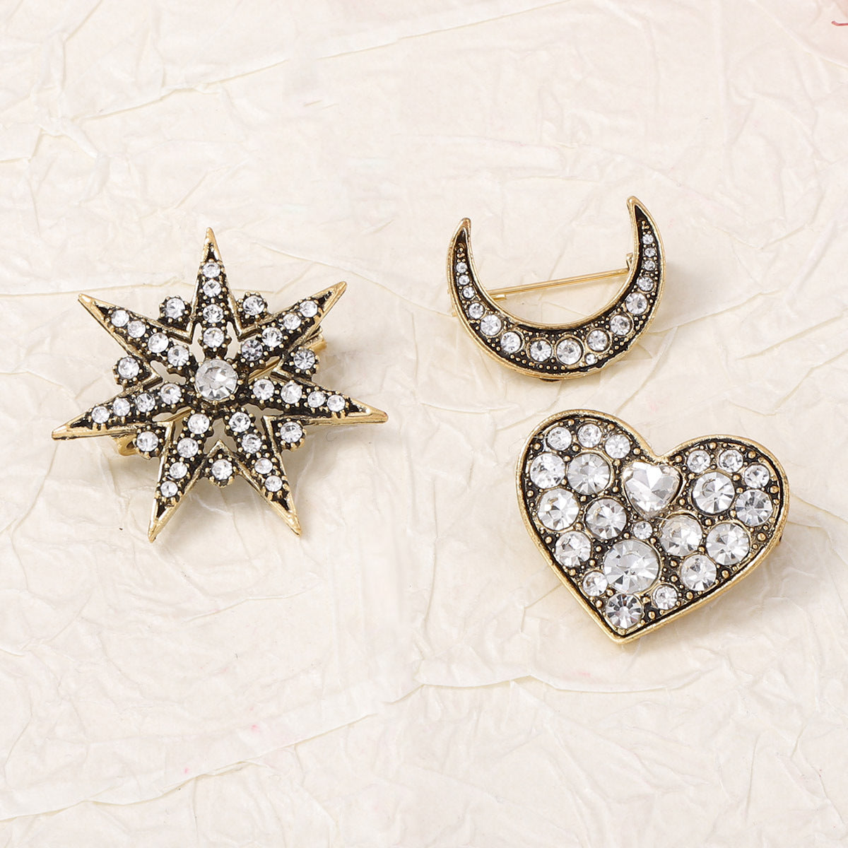 Crystal Star Moon Heart Brooch Set