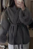 Faux Fur Cuff Wrap Belted Coat