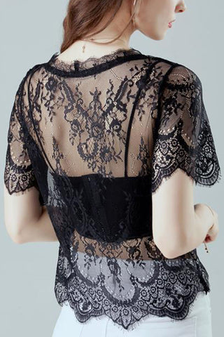 Sheer Floral Lace Flutter Sleeve T-Shirt