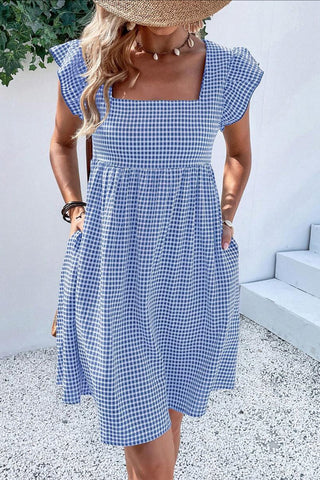 Gingham Flutter-Sleeve Casual Dress