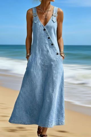 Button-Detail Denim Strap Maxi Dress