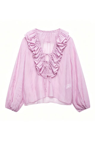Ruffle V-Neck Long Sleeve Blouse