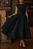 Boat Neck Cap Sleeve Fit and Flare Midi Dress