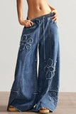 Floral Applique Drawstring Wide Leg Baggy Jeans