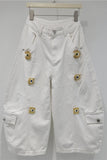 Eye-Embellished Cargo Denim Shorts