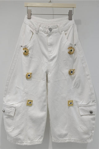 Eye-Embellished Cargo Denim Shorts