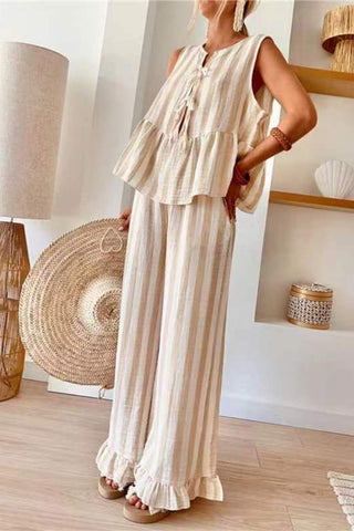 Striped Sleeveless Top and Ruffle Hem Pants Set