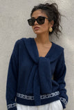 Tie-Neck Patterned Knit Sweater