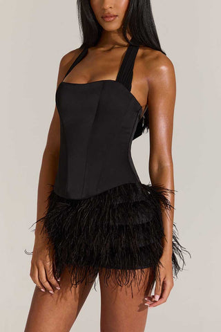 Halter Square Neck Feather Mini Dress