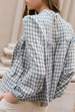 Plaid Mock Neck Puff Sleeve Blouse