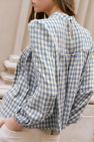 Plaid Mock Neck Puff Sleeve Blouse