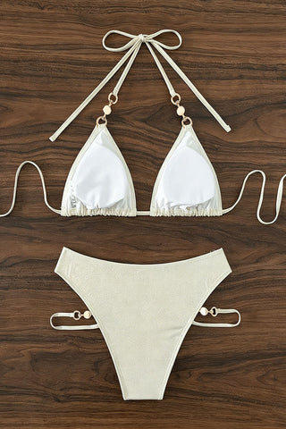 Halter Bikini Set with Pearl Accents