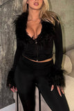 Fuzzy Trim Zip-Front Long Sleeve Top