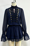 Military Button Bell Sleeve Tiered Skirt Set