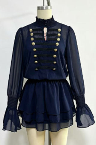 Military Button Bell Sleeve Tiered Skirt Set