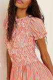 Smocked Puff Sleeve Striped Midi Dress