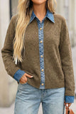 Denim Trim Button-Front Knit Cardigan