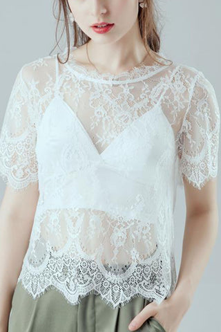 Sheer Floral Lace Flutter Sleeve T-Shirt