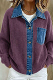 Denim Collar Ribbed Knit Button-Front Jacket