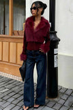 Faux Fur Collar Ribbed Zip-Up Jacket
