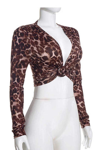 Leopard Print Knot Front Long Sleeve Top