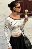 Polka Dot Contrast Trim Long Sleeve Crop Top