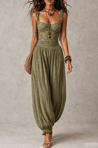 Lace Bodice Ruffle Strap Balloon Leg Jumpsuit