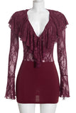 Sheer Lace Ruffle V-Neck Mini Dress